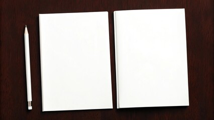 Two blank notebooks and a white pencil on a dark wooden table
