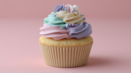 Pastel colored cupcake with swirled frosting in soft pink, purple, green, and cream shades topped with small round sprinkles on smooth pink background, evoking sweet and delicate feeling