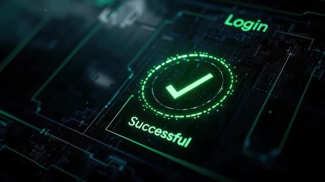 Login successful cybersecurity authentication with checkmark interface and digital security access verification secure login authentication access