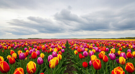 Vibrant Tulip Fields Under Cloudy Skies A Colorful Landscape of Springtime Beauty