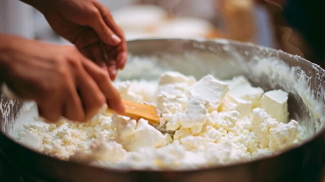 Hands Stirring Goat Cheese Curds in Pot