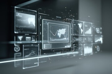 Advanced digital dashboard displays real-time data analytics and visualizations in a modern workspace environment