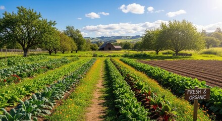 A vibrant garden scene with rows of green and red vegetables, a barn, and a clear blue sky with scattered clouds.