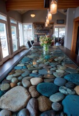 A stunning dining table top showcases a captivating collection of pebbles embedded in a clear resin, creating a unique and natural design element.