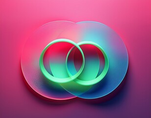 a minimalist digital art piece featuring two overlapping neon blue and green circles on a vibrant pink background the circles have a soft gradient effect and create a sense of balance and harmony