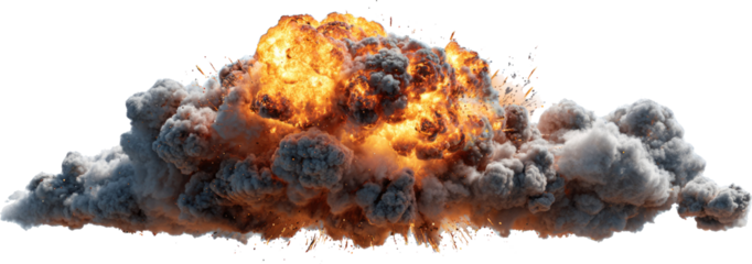 Powerful violent explosion blast with orange fire and grey smoke