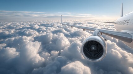 Aerial View of Airplane Wing Above Fluffy Clouds During Daytime with Clear Blue Sky and Jet Engine Close Up Captured in High Resolution
