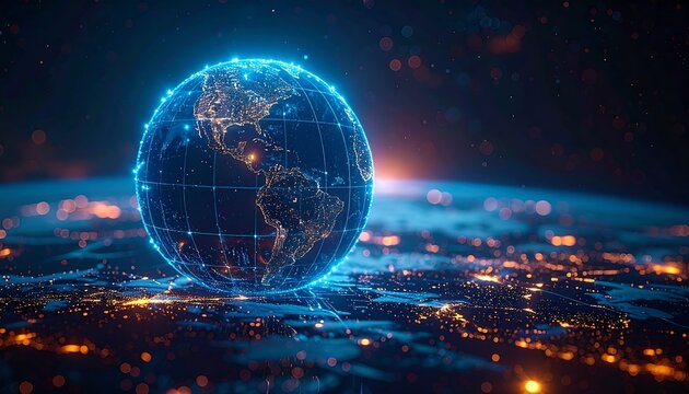 A digital globe with glowing lines and dots hovers above a blurred planet surface with city lights at night. Sparks fly across the vast black expanse