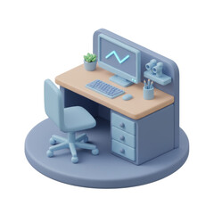 Isometric Workspace Visualization, Modern Desk Setup with Computer and Accessories on Transparent