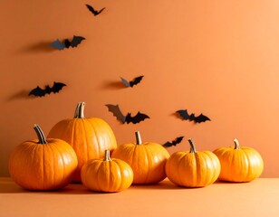 Halloween pumpkins and bats on orange