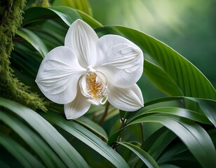 Obraz premium white orchid nestled among lush greenery on white branch foliage greenery