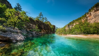 a canyon s pristine river with bright emerald green transparent waters in a protected park area