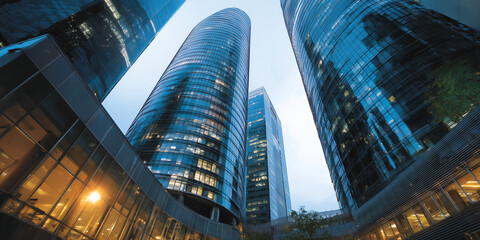 futuristic skyscrapers viewed from below with curved glass facades and soft blue dusk lighting in sleek urban composition emphasizing scale and modern architecture