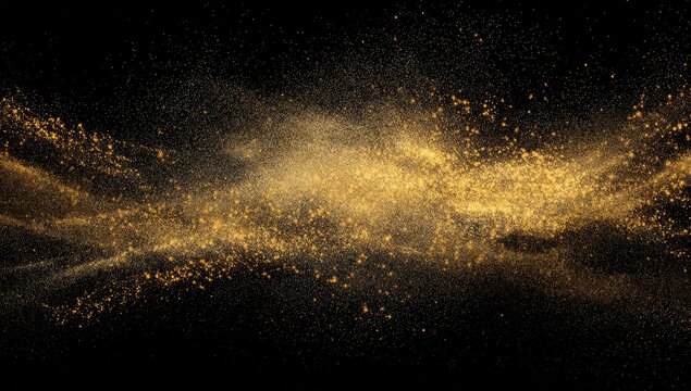 A swirling nebula of golden particles against a stark black backdrop, exhibiting a dynamic, almost fluid movement and varying densities of glittering dust