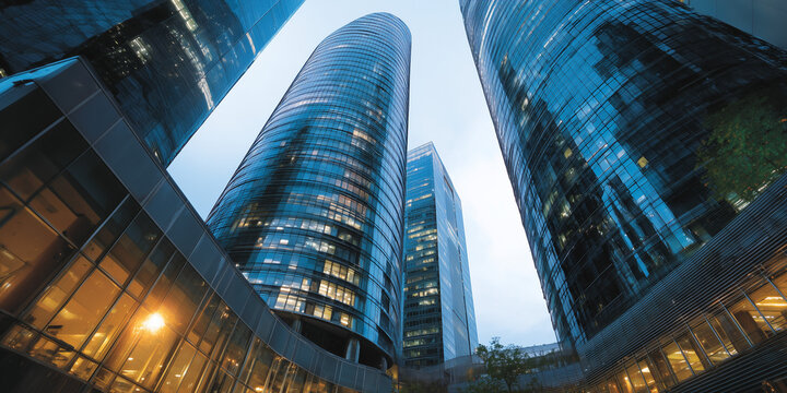 futuristic skyscrapers viewed from below with curved glass facades and soft blue dusk lighting in sleek urban composition emphasizing scale and modern architecture - Powered by Adobe