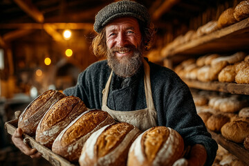 "Handsome Male Baker in Uniform Holding Fresh Baguettes with Bread Shelves in Bakery Manufacturing"