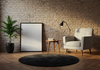Tranquil Reading Nook with Blank Frame Mockup Against a Warmly Lit Brick Wall