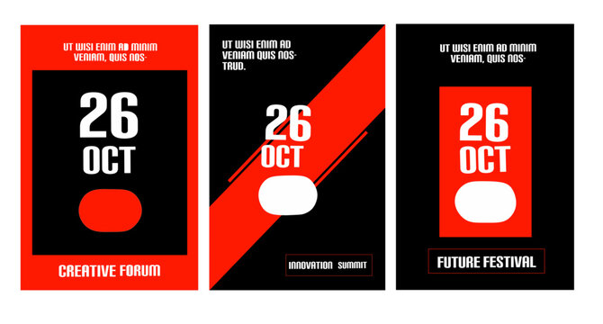 Set of three modern event poster vector templates with a bold, minimal design in black, red, and white. Ideal for music festivals, forums, clubs, or creative conferences.