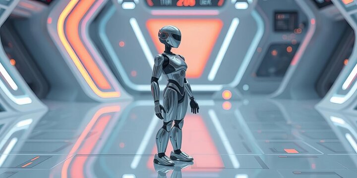 Sleek, chrome humanoid robot with advanced articulation, standing on a futuristic floor, close-up, robotic arm