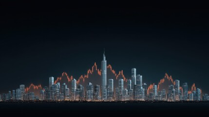 City skyline at night with illuminated buildings and stock market graph overlay, representing economic growth and financial trends in urban environment