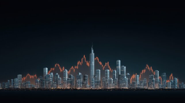 City skyline at night with illuminated buildings and stock market graph overlay, representing economic growth and financial trends in urban environment - Powered by Adobe