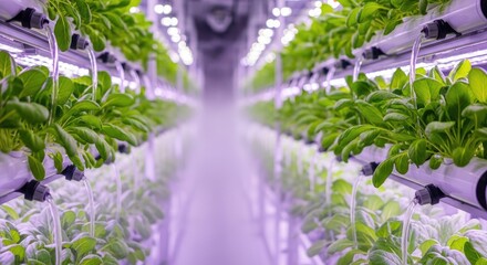 A vertical farm with rows of green plants under artificial lighting.