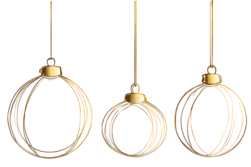 Three Gold Wireframe Christmas Ornaments on Black Background