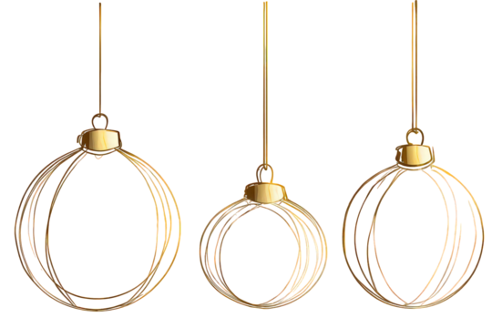 Three Gold Wireframe Christmas Ornaments on Black Background