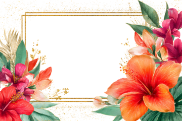 Tropical watercolor floral border frame pink orange botanical leaf accent. Isolated on transparent.

