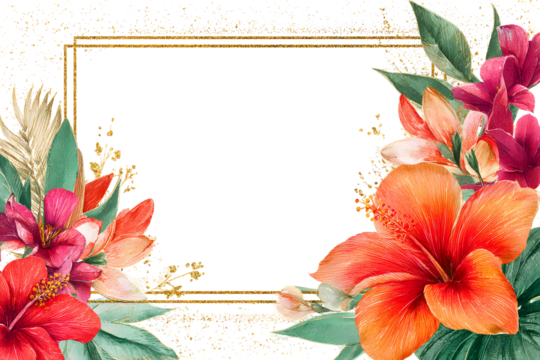 Tropical watercolor floral border frame pink orange botanical leaf accent. Isolated on transparent.
- Powered by Adobe