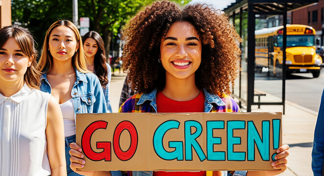 Group of diverse young people advocating for environmental action near school bus. A medium shot showcasing unity and hope. , Eco-conscious lifestyle, positive change, sustainability.