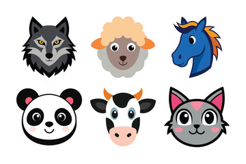 Cute Cartoon Animal Faces Vector Set – Wolf, Sheep, Horse, Panda, Cow, Cat