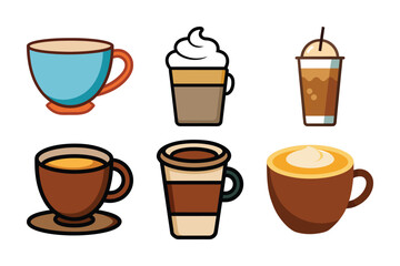 Cartoon Coffee Drink Icons – Espresso, Latte, Iced Coffee, Cappuccino, Flat White