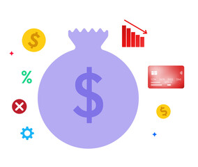Debt concept with red alarming signs floating around it, png