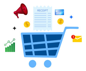 Ecommerce recipt coming out of shopping cart, transparent png with megaphone, graph, message