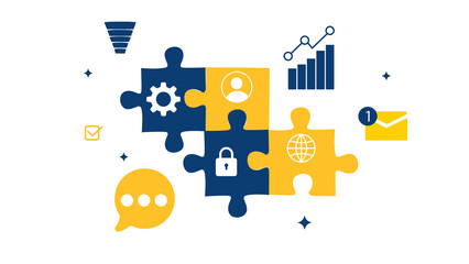 Puzzple showing business management connected to each other, png backdrop