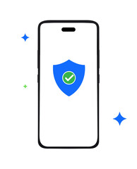 Security and Verification concept on the smartphone with blue shield and stars around it, transparent png