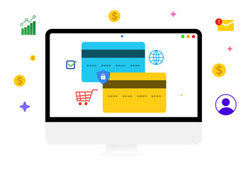 Shopping on the ecommerce website with cards floating, transparent png