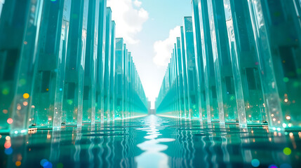 Pathway of Light Reflected on Cyan Columns
