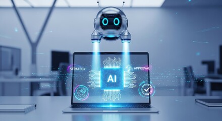 Laptop projecting AI chip: a cute blue-eyed drone with blue jets blasts an envelope marked “PHISHING”, causing it to explode. Holographic protection surrounds money and development charts.