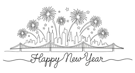 Line art illustration of a city skyline with fireworks over a bridge and the words "Happy New Year". © ndowi