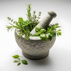 Mortar and pestle with fresh herbs