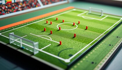 Tactical board with miniature soccer field showing formations,  team,  athlete