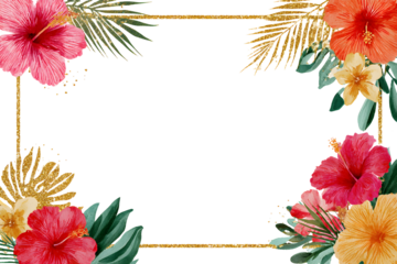 Tropical watercolor floral border frame pink orange botanical leaf accent. Isolated on transparent.
