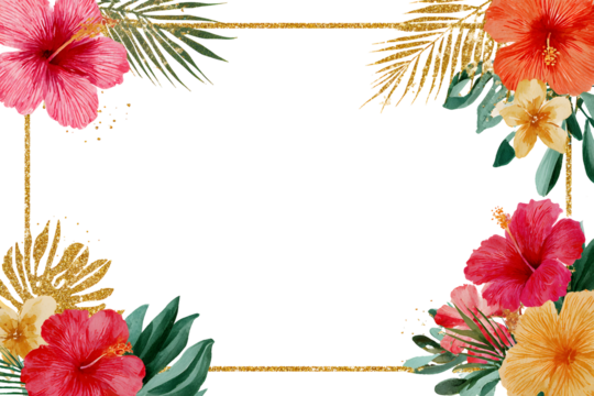 Tropical watercolor floral border frame pink orange botanical leaf accent. Isolated on transparent.