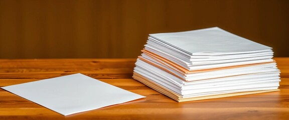 Stack of blank white papers and brown envelopes on wooden table, material, empty