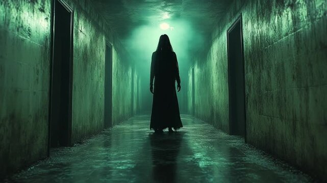 Eerie Female Ghost Silhouette in a Dark Spooky Hallway.