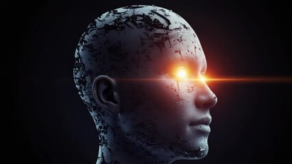 Side profile of a futuristic digital head dissolving into glowing fragments and cyber particles, representing the fusion of human intelligence and artificial technology. - Powered by Adobe