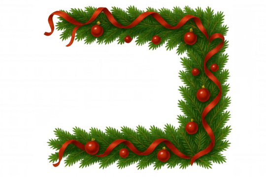 Christmas border with fir branches, red ribbon, and ornaments, creating festive frame on transparent background