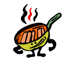 Vector color illustration of a steaming frying pan character, heated with sausages and a grimace of a grin, on a white isolated background